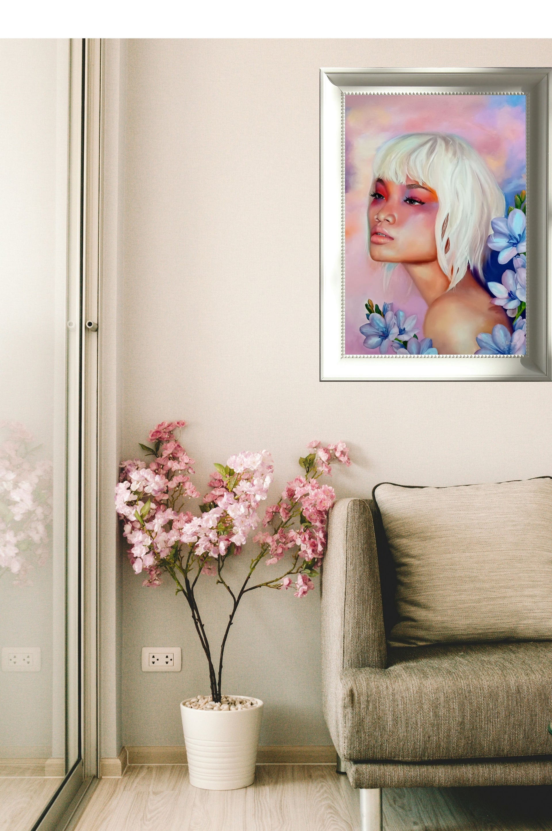 Whimsical floral pink portrait painting Asian girl on canvas