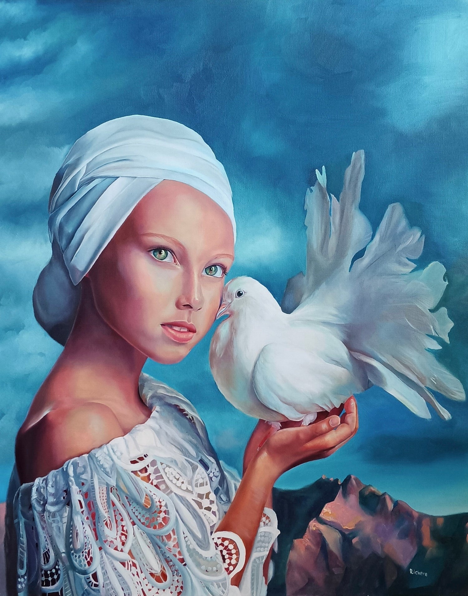 Blue and white oil portrait commission painting
