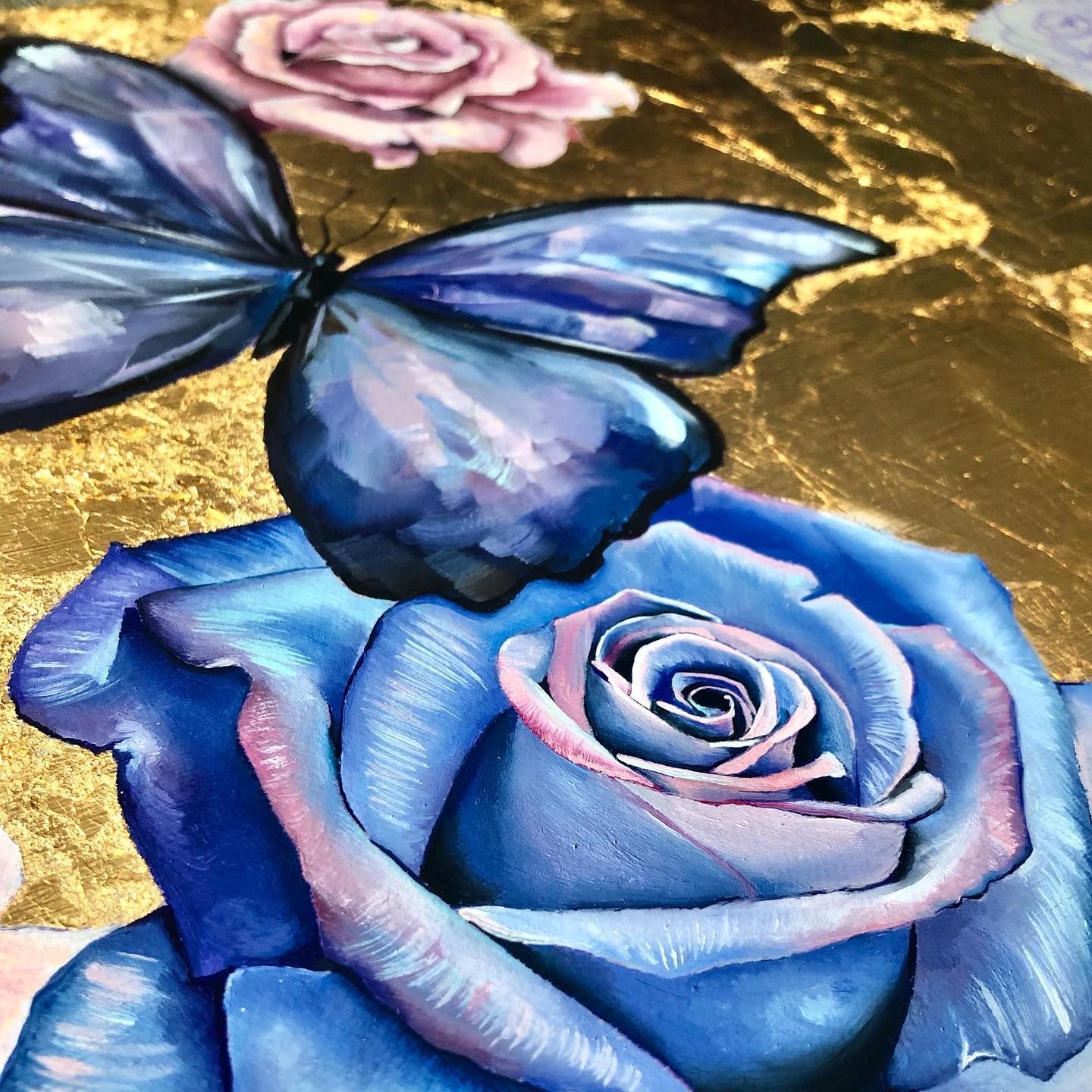 Realism gold leaf oil painting with purple and pink butterflies and roses.